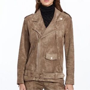 SET Amanda Uprichard Cameri Moto Jacket in Taupe with Yorke Skort Romper